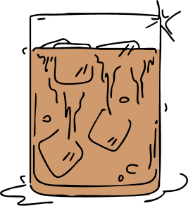 Illustration of a glass with a brown liquid and ice cubes on a white background