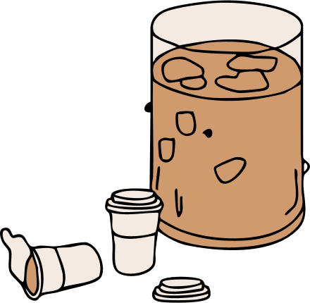 Illustration of a large glass of iced MADcoffee with a smaller cup and lid on a white background