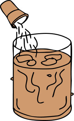 Illustration of a glass with a brown liquid, a whisk, and a small container of white powder on a white background.