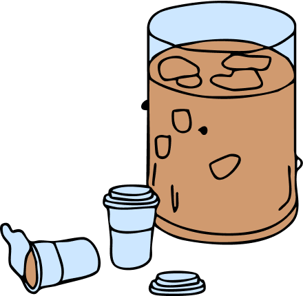 Cartoon illustration of a glass of iced coffee with a lid and cup on a white background