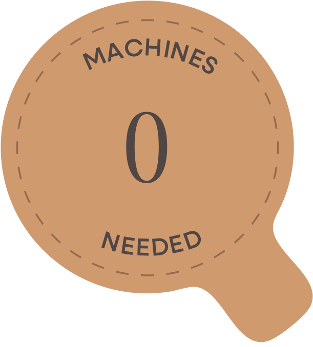 Brown speech bubble with 'MACHINES 0 NEEDED' text on a white background