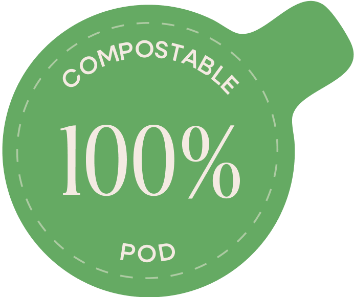 Green compostable pod label with text on a white background