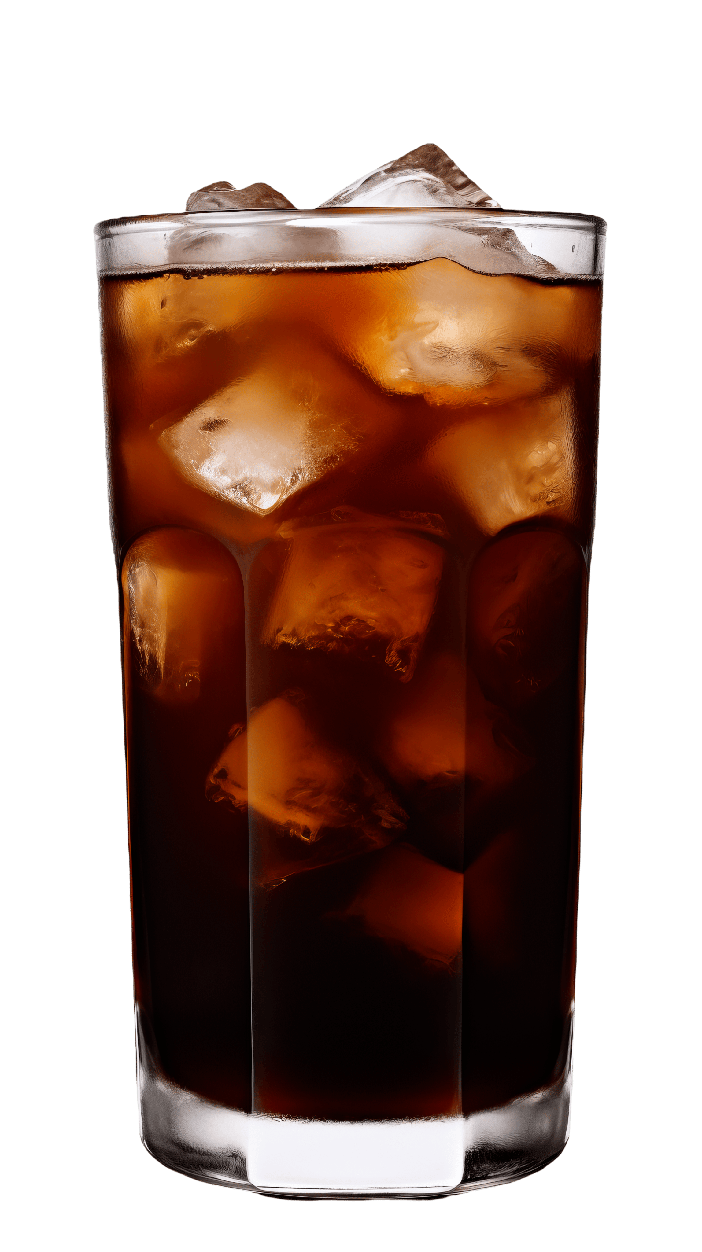Glass of iced coffee with ice cubes on a transparent background